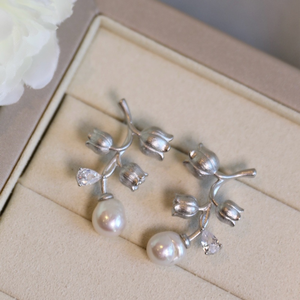 Lily of the Valley Earrings with Baroque Freshwater Pearl